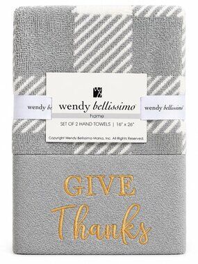 Thanksgiving Buffalo Check Hand Towels Set of 2 Give Thanks Embroidered Gray Gol